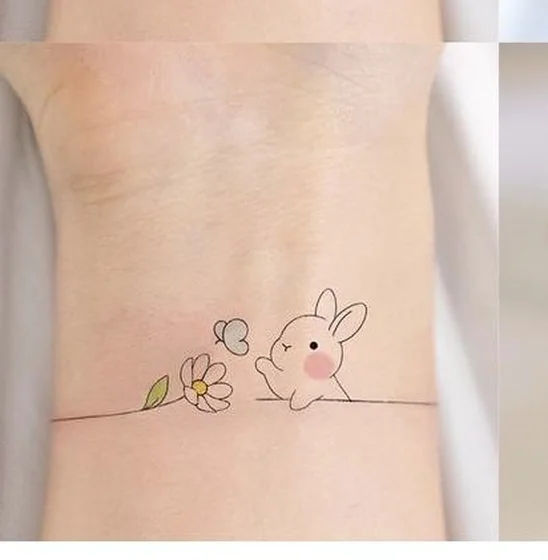 Minimalist fine line rabbit, butterfly, flower tattoo idea for women on wrist