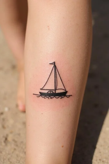Minimalist fine line sailboat tattoo design for men and women on calf