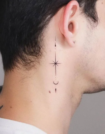 Minimalist fine line star and moon tattoo for men on neck