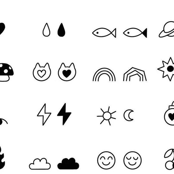 Minimalist fine line tattoo designs with fish, cat, heart, and lightning bolt.
