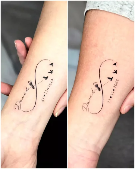 Minimalist infinity, bird tattoo design for women on forearm
