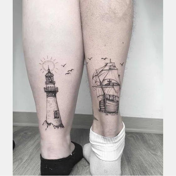 Minimalist linework lighthouse and ship tattoo idea for men and women on calf