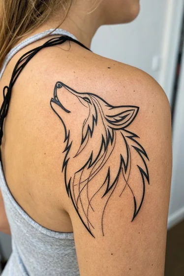 Minimalist linework wolf tattoo idea for women on shoulder