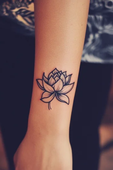 Minimalist lotus flower linework tattoo design for women on forearm