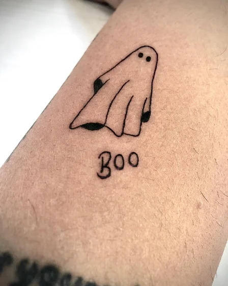 Minimalist sketch ghost and 'Boo' tattoo idea for men and women on arm