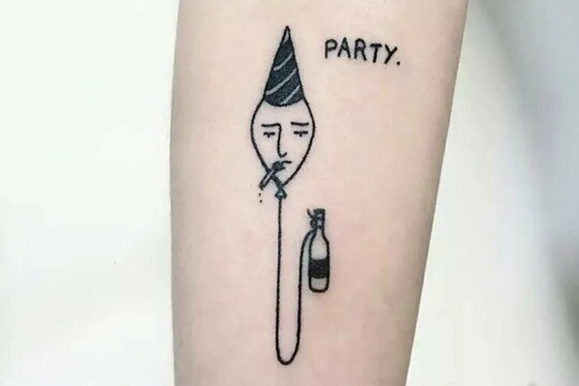 Minimalist sketch party hat, cigarette, bottle tattoo idea for men, women on forearm