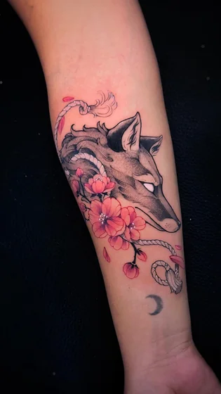 Neo-Traditional Anime fox, floral, moon tattoo idea for women on forearm
