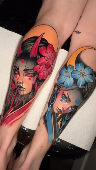 Neo-Traditional Anime girl floral tattoo for women on leg