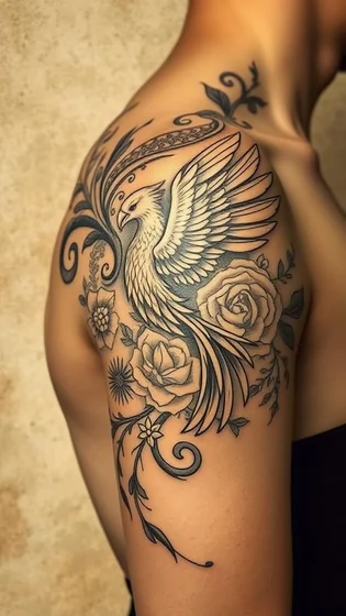 Neo-Traditional Black And Grey Phoenix and Rose floral tattoo design for women on shoulder