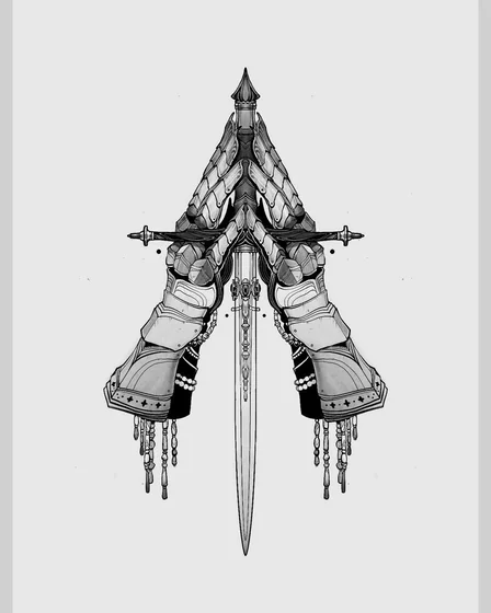 Neo-Traditional Black And Grey Saint Michael, Sword, Praying Hands tattoo design