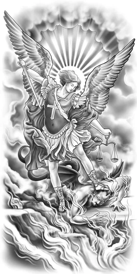 Neo-Traditional Black And Grey Saint Michael angel tattoo design for men