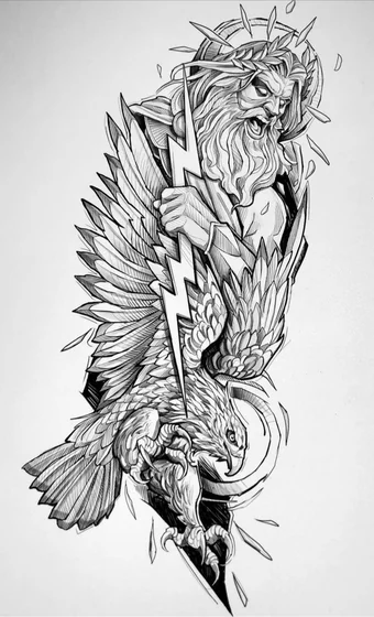Neo-Traditional Black And Grey Zeus, Eagle, Lightning tattoo design for men