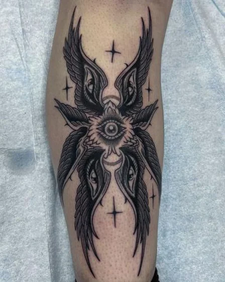 Neo-Traditional Black And Grey angel, All-Seeing Eye tattoo design for men on calf