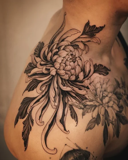 Neo-Traditional Black And Grey floral tattoo for women on shoulder