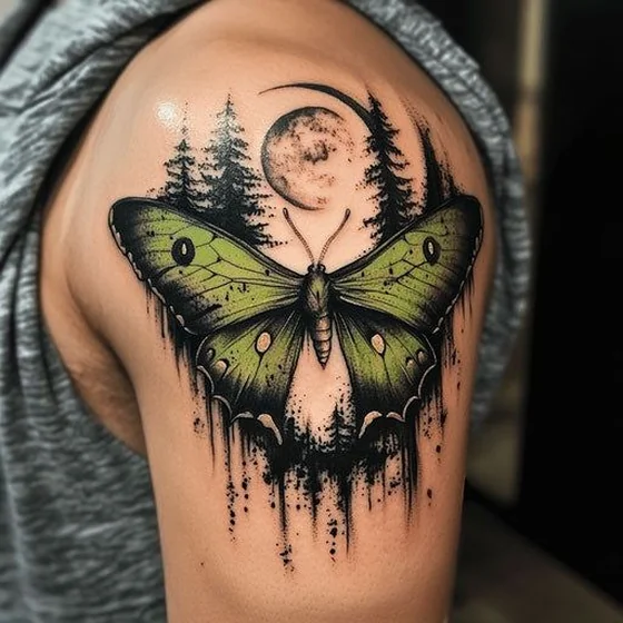 Neo-Traditional Blackwork butterfly, moon, tree tattoo idea for men