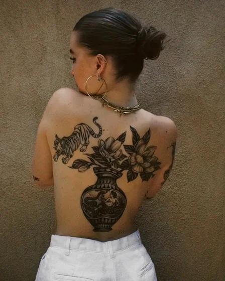 Neo-Traditional Blackwork tiger, floral vase tattoo design for women on back