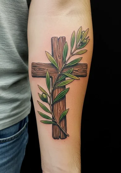 Neo-Traditional Cross and Floral tattoo design for men on forearm