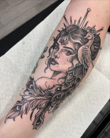 Neo-Traditional Dotwork Goddess, Peacock, Dove tattoo for women forearm