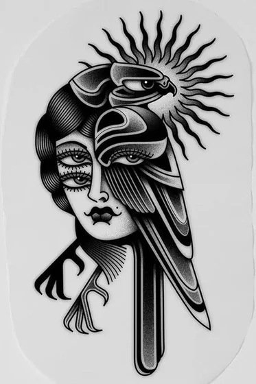 Neo-Traditional Dotwork eagle, sun, mystic woman tattoo design for women