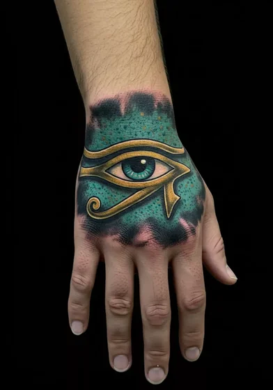 Neo-Traditional Eye of Horus tattoo design for men on hand