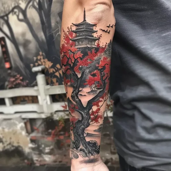 Neo-Traditional Japanese Pagoda and Tree tattoo design for men on forearm