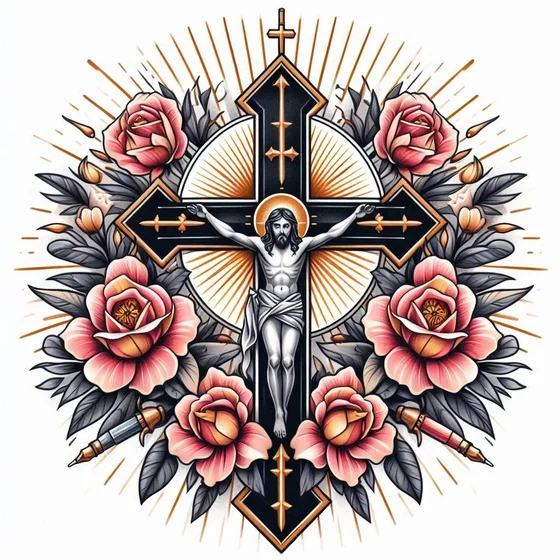 Neo-Traditional Jesus, Cross, Rose, Tattoo Machine tattoo idea for men & women