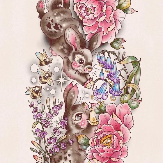 Neo-Traditional New School rabbit, floral, bee tattoo design for women