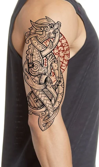 Neo-Traditional Norse Viking Wolf Warrior tattoo design for men on Half Sleeve