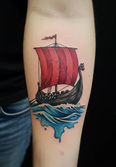 Neo-Traditional Viking ship and ocean tattoo design for men on forearm