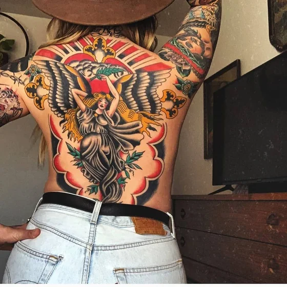 Neo-Traditional angel back and patchwork arm tattoo for women