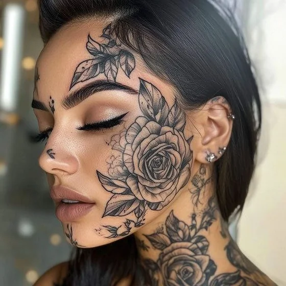 Neo-Traditional black and grey rose floral tattoo for women on face