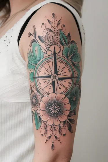 Neo-Traditional compass and floral tattoo design for women on arm