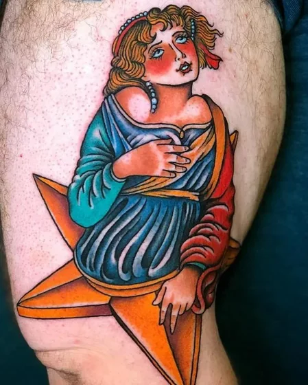 Neo-Traditional female figure and star tattoo for men on thigh.