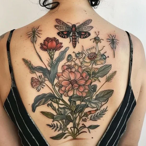 Neo-Traditional floral and dragonfly tattoo design for women on back
