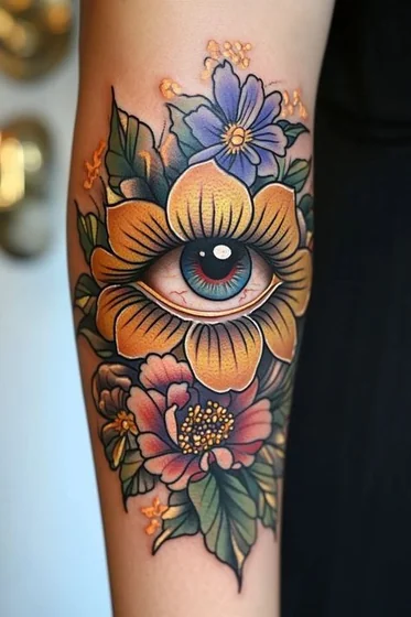 Neo-Traditional floral and eye tattoo design for women on upper arm