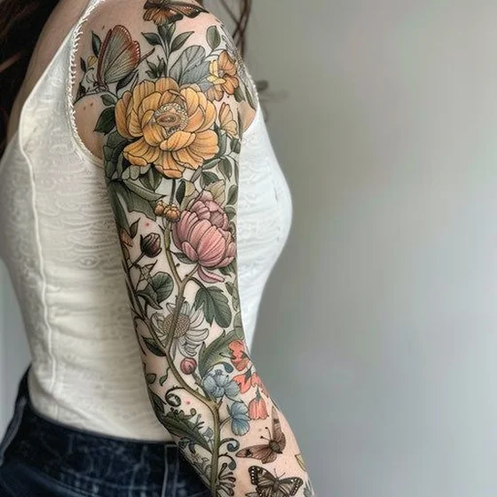 Neo-Traditional floral butterfly full sleeve tattoo for women
