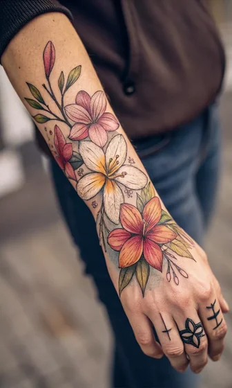 Neo-Traditional floral tattoo design for women on forearm and hand