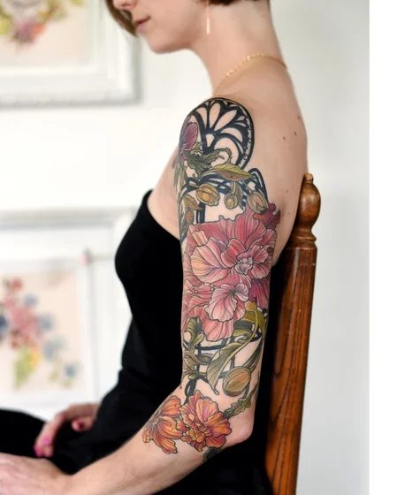 Neo-Traditional floral tattoo design for women on half sleeve