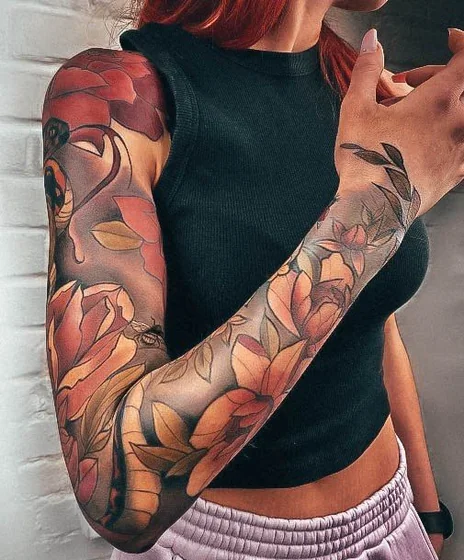 Neo-Traditional flower and floral full sleeve tattoo design for women