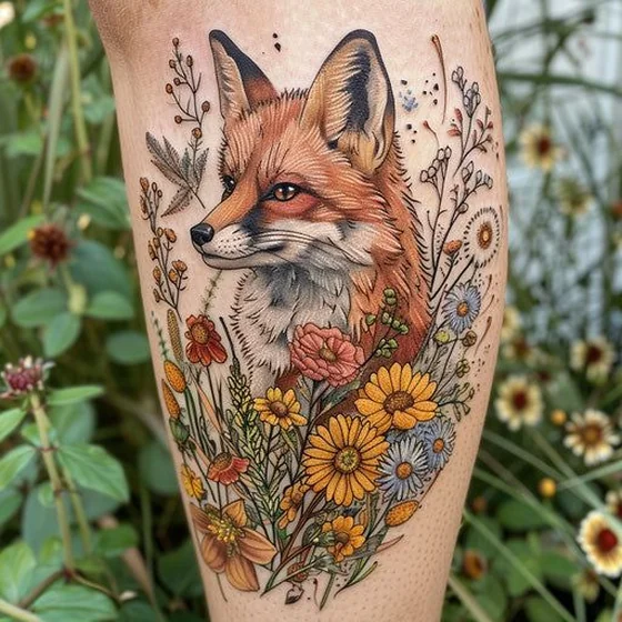Neo-Traditional fox and floral tattoo design for women on calf