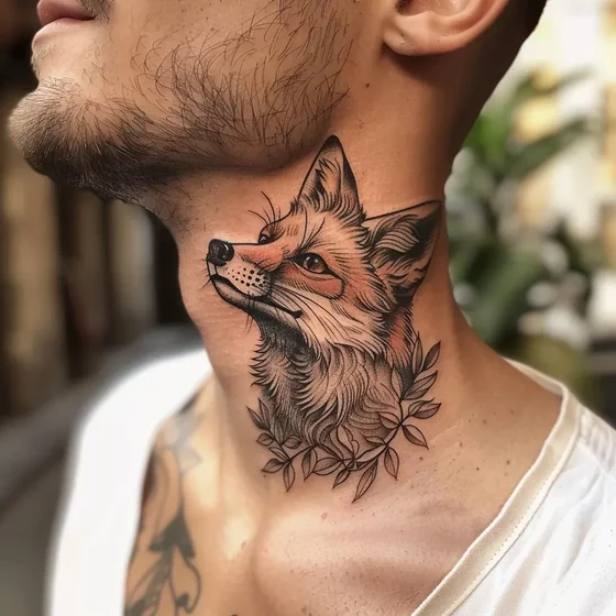 Neo-Traditional fox and floral tattoo idea for men on neck