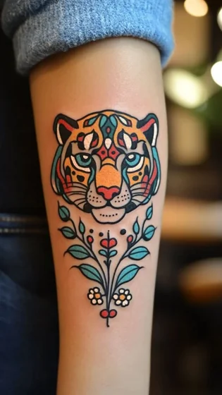 Neo-Traditional linework tiger and floral tattoo design for women on forearm