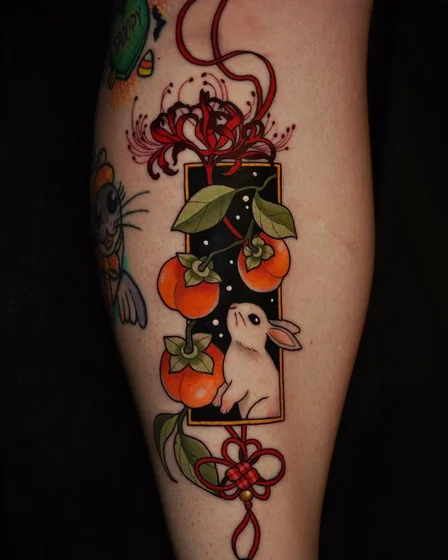 Neo-Traditional rabbit, floral, fruit, knot tattoo design for women.