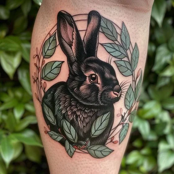 Neo-Traditional rabbit with floral elements tattoo design on calf