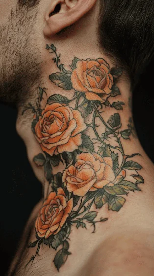 Neo-Traditional rose and floral tattoo design for men on neck and shoulder