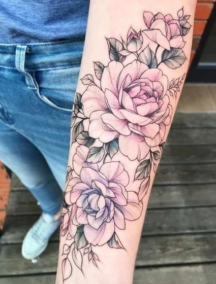 Neo-Traditional rose and floral tattoo design for women on forearm