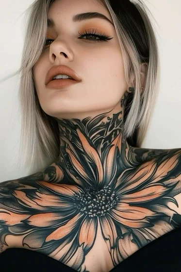 Neo-Traditional sunflower floral tattoo design for women on neck and chest