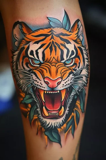 Neo-Traditional tiger tattoo design for men and women on upper arm