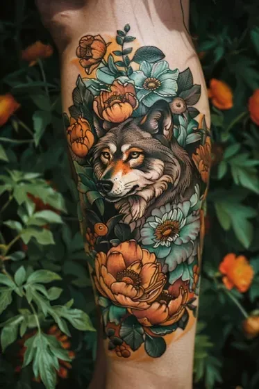 Neo-Traditional wolf and floral tattoo idea for all on calf.