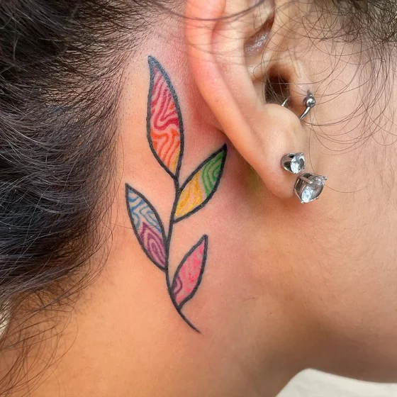 New School Abstract floral tattoo design for women on neck and ear.